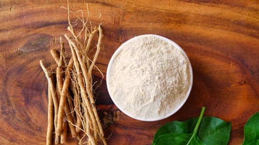 Ashwagandha root and powder on a wooden surface, showcasing its traditional use in herbal medicine.