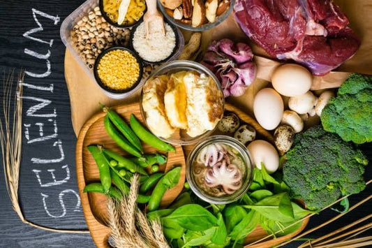 A variety of foods rich in selenium, including meats, vegetables, and grains, promoting health and anti-aging benefits.