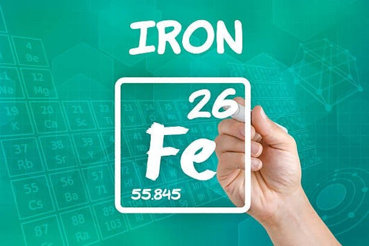 Hand writing the chemical symbol for iron (Fe) with atomic number 26 on a green background.