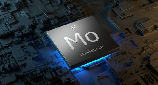 Molybdenum element symbol on a tech-themed background, highlighting its significance in health.