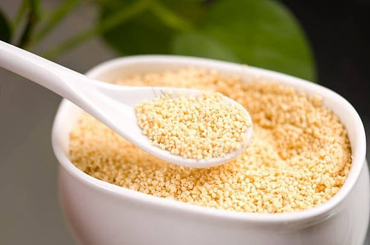 Sojalecitin i ett vitt skål med en sked som håller upp pulvret, fokuserat på textur och detaljer.