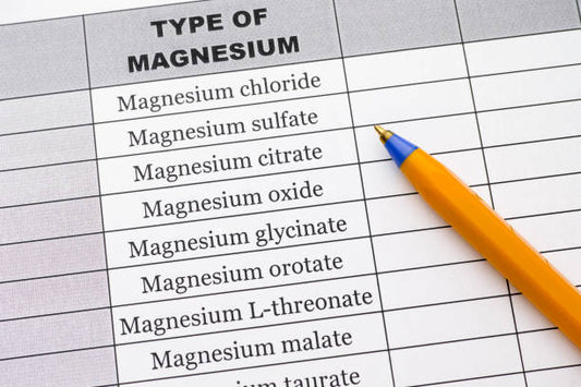 Table listing various types of magnesium, including magnesium chloride and magnesium sulfate, with a yellow pen.