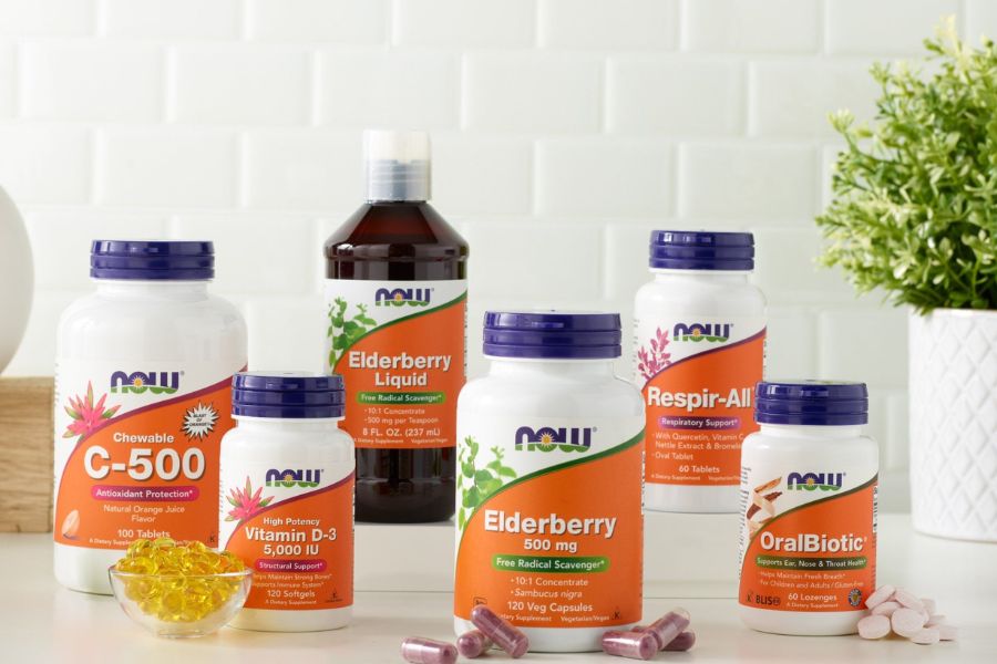 NOW Foods collection of dietary supplements including Elderberry, Vitamin D3, and OralBiotic for natural health.