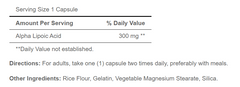 Puritan's Pride Alpha Lipoic Acid baksida näringsfakta