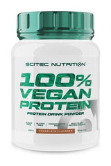 Scitec Nutrition 100% Vegan Protein drink powder in chocolate flavor, gluten-free, sugar-free, and preservative-free.