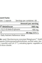 Supplement facts for Amix GreenDays ProVegan BetaGlucan showing beta-glucan and vitamin C content per capsule.