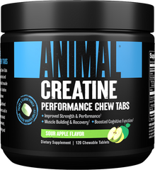Universal Nutrition Animal Creatine Chews in sour apple flavor, 120 chewable tablets for performance and recovery.