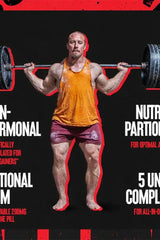 Man weightlifting with barbell; promoting Animal M-Stak supplement for muscle growth.