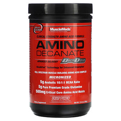 MuscleMeds Amino Decanate supplement jar featuring full spectrum amino acids and DecaDrive delivery technology.
