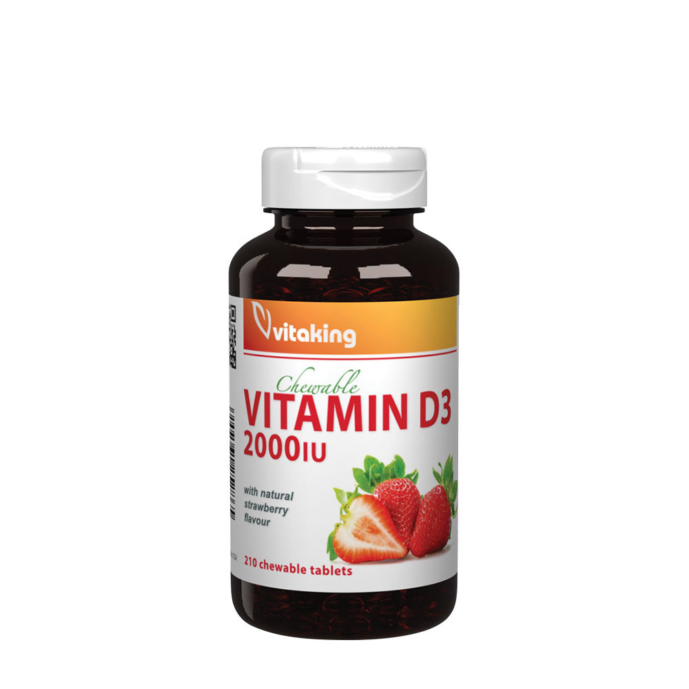 Vitaking Vitamin D3 2000 IU chewable tablets bottle with strawberry flavor, supporting calcium absorption and bone health.
