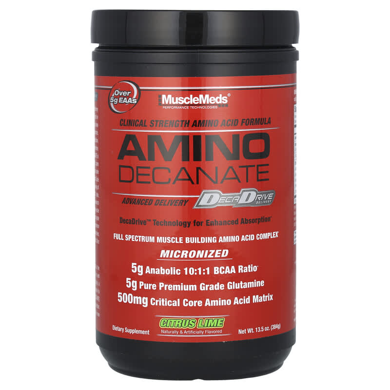 MuscleMeds Amino Decanate supplement container with clinical strength amino acid formula for muscle growth.