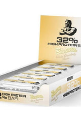 Weider 32% High Protein Bars in Banana White Chocolate flavor, displayed in a box packaging.