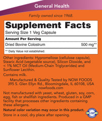 NOW Foods Colostrum baksida näringsfakta