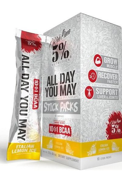 5% Nutrition All Day You May Stick Packs featuring 10:1:1 BCAA formula in Italian Lemon Ice flavor for muscle growth and recovery.