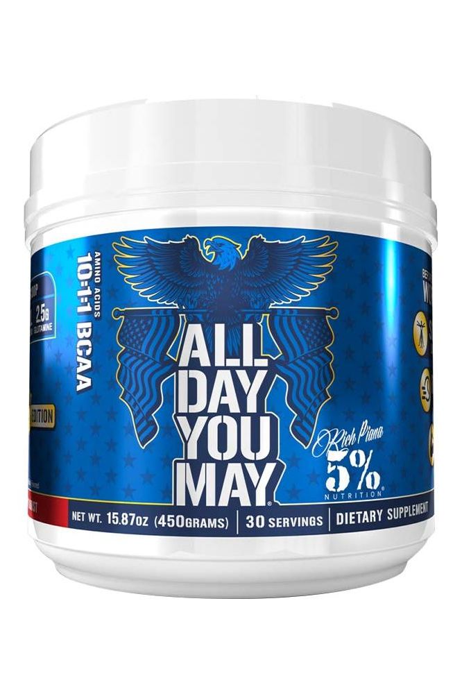5% Nutrition All Day You May Starry Burst BCAA supplement 30 servings for muscle recovery and hydration.