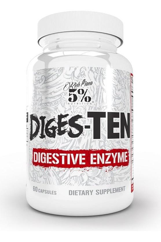 5% Nutrition Diges-TEN Digestive Enzyme bottle with 60 capsules for improved digestion and nutrient absorption.