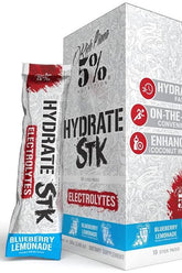 5% Nutrition Hydrate Legendary Series stick packs in Blueberry Lemonade flavor, 10 packs of electrolyte supplement.