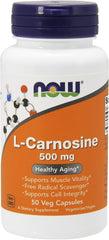 NOW Foods L-Carnosine 500 mg supplement bottle for muscle vitality and healthy aging in vegetarian capsules.