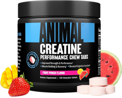 Universal Nutrition Animal Creatine Chews in fruit punch flavor, dietary supplement, 120 chewable tablets, fruit images.