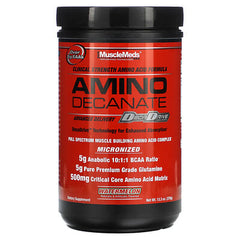 MuscleMeds Amino Decanate jar showcasing full spectrum amino acid complex for muscle growth, 10:1:1 BCAA ratio, and Watermelon flavor.