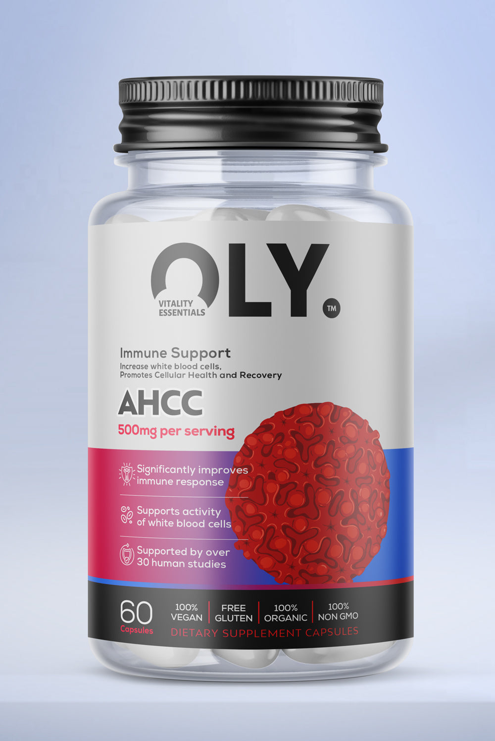 Oly AHCC 500mg immune support capsules in a clear jar with red design, promoting cellular health and recovery.