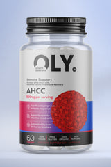 Oly AHCC 500mg immune support capsules in a clear jar with red design, promoting cellular health and recovery.