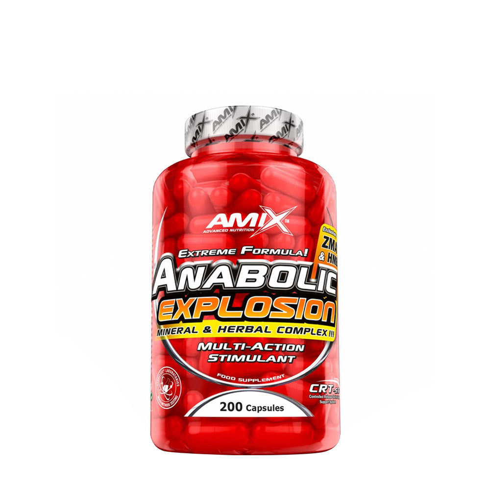 Amix Anabolic Explosion Complex bottle with 200 capsules for muscle growth and recovery.
