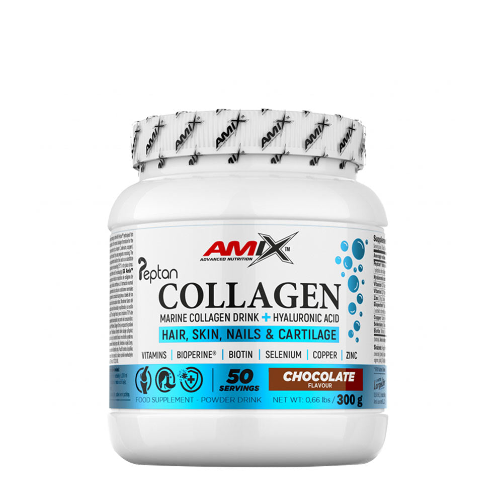 Amix Marine Collagen Drink in chocolate flavor, supports hair, skin, nails, and cartilage, 300g container.