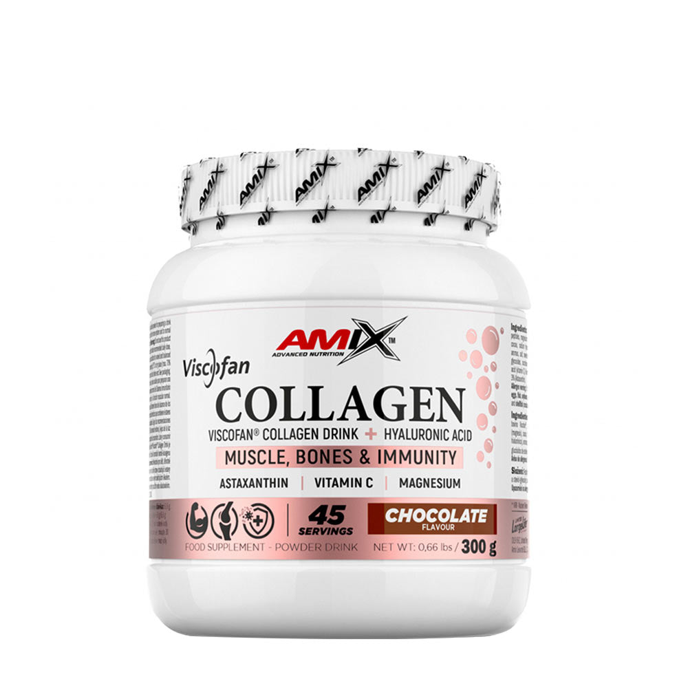 Amix Viscofan Collagen Drink in chocolate flavor, supports muscle, bones, and immunity with 45 servings.