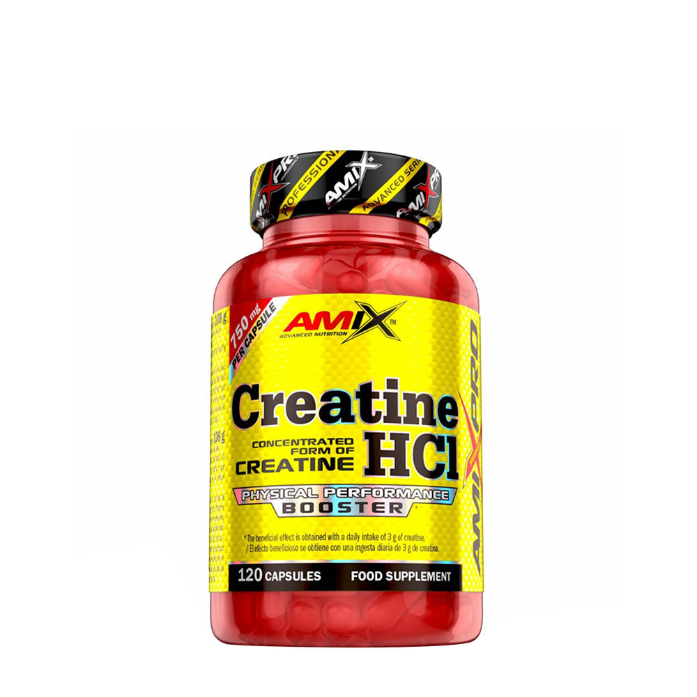 Amix Creatine HCl supplement bottle 120 capsules for increased strength and endurance.
