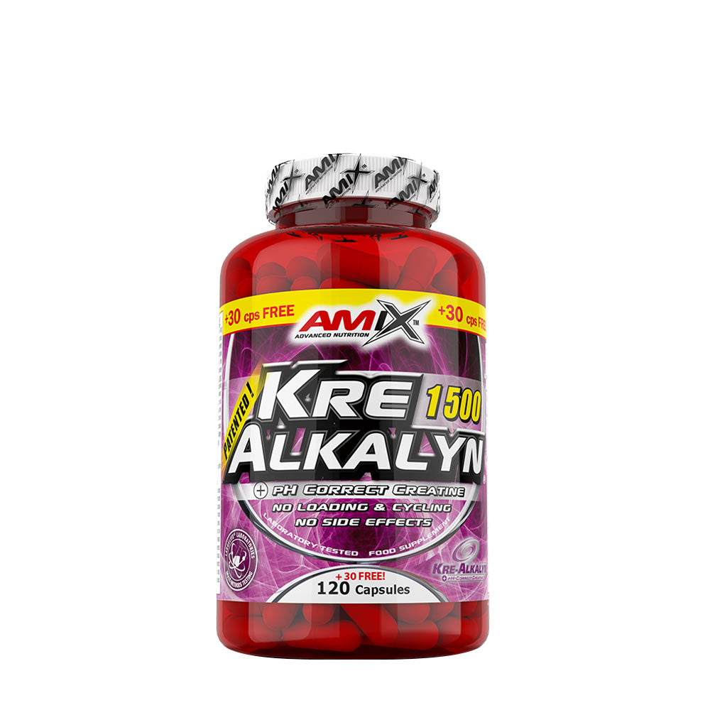 Amix Kre-Alkalyn 1500 capsules bottle, 120 count, no loading or cycling, fast results for athletes.