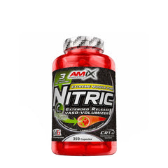 Amix Nitric supplement bottle for enhanced blood circulation and muscle performance, featuring 350 capsules.