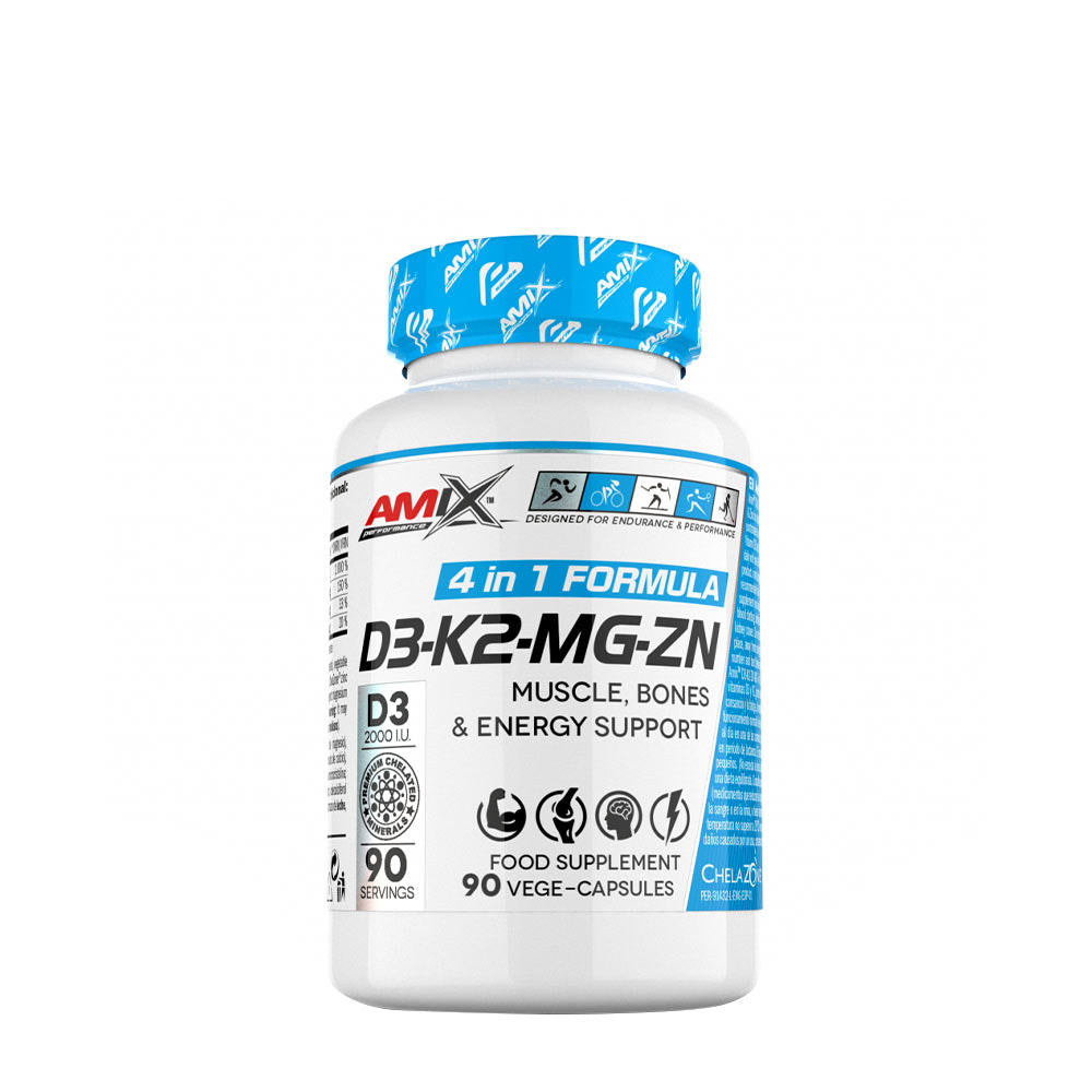 Amix D3-K2-MG-Zn supplement for muscle, bone, and energy support in a 90-capsule bottle.