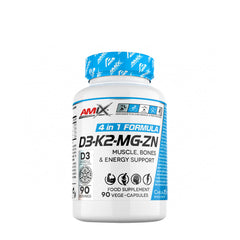 Amix D3-K2-MG-Zn supplement for muscle, bone, and energy support in a 90-capsule bottle.