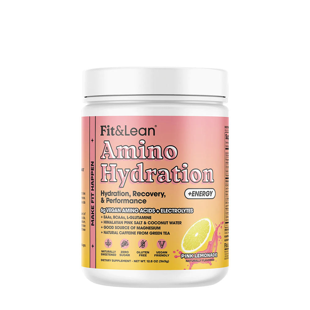 Fit & Lean Amino Hydration in Pink Lemonade flavor, a natural performance drink for hydration and energy.