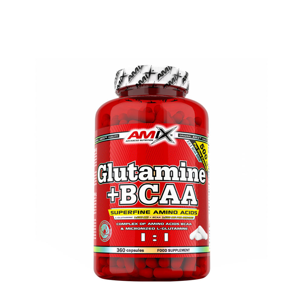 Amix L-Glutamine + BCAA supplement bottle with 360 red capsules for muscle recovery and growth.