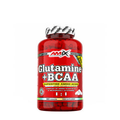 Amix L-Glutamine + BCAA supplement bottle with 360 red capsules for muscle recovery and growth.