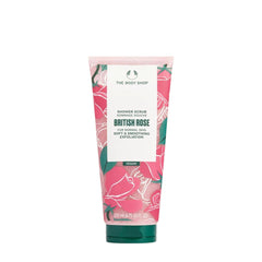 The Body Shop British Rose Shower Scrub, 200ml tube, natural exfoliant for soft and smooth skin.