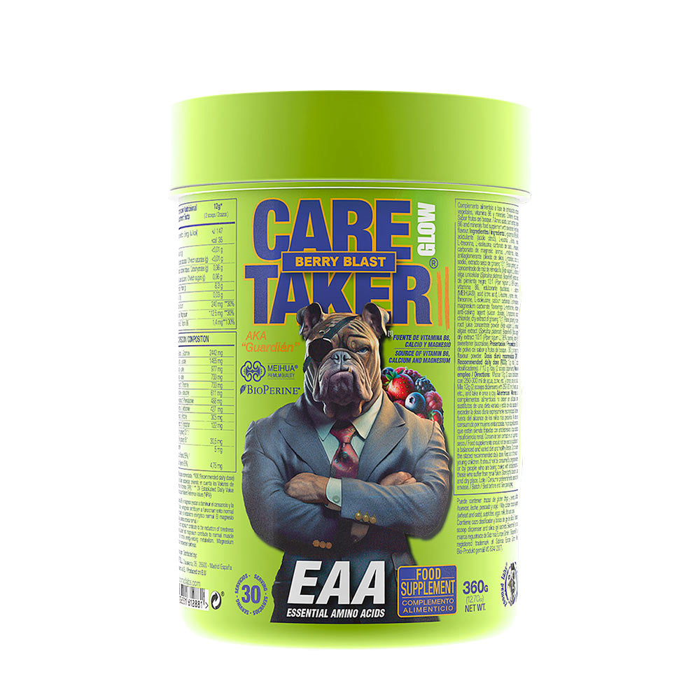 Caretaker II EAA Glow Berry Blast supplement container promoting muscle recovery and essential amino acids.