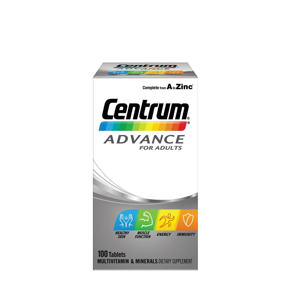 Centrum Advance multivitamin box for adults, 100 tablets, supports energy, immunity, and healthy skin.