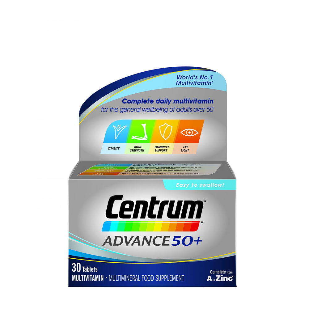Centrum Advance 50+ multivitamin pack, designed for adults over 50, promotes vitality and immune support.