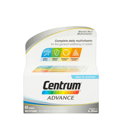 Centrum Advance multivitamin packaging for daily wellness, featuring 60 tablets and key health benefits.