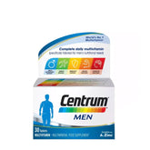 Centrum Men multivitamin box, 30 tablets, tailored for men's nutrition and energy support.