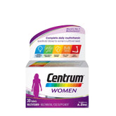 Centrum Women multivitamin box with 30 tablets, tailored for women's nutritional needs, supports overall health.