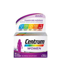 Centrum Women multivitamin box with 30 tablets, tailored for women's nutritional needs, supports overall health.