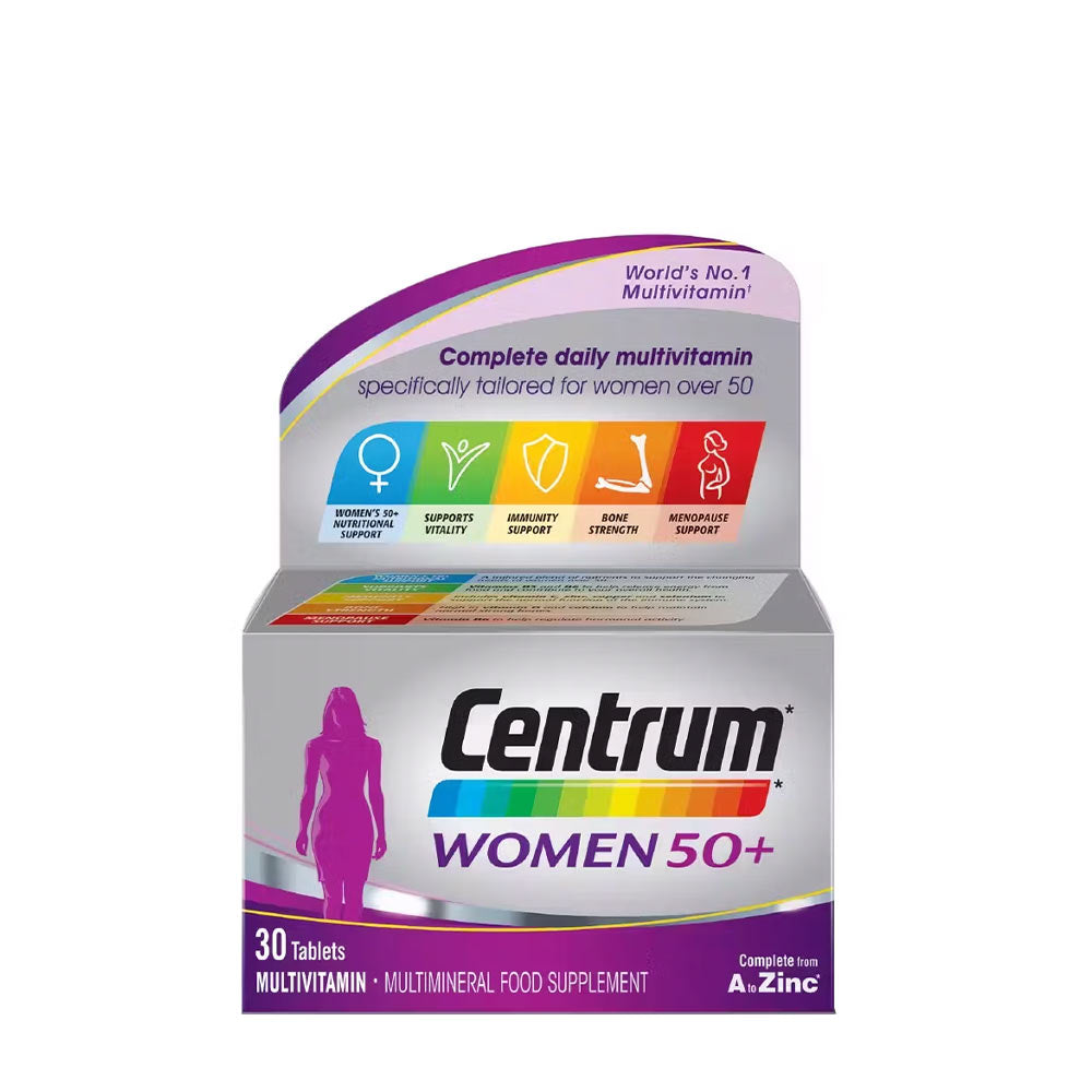 Centrum Women 50+ multivitamin box, tailored for women's health and vitality over 50, offering essential nutrients.