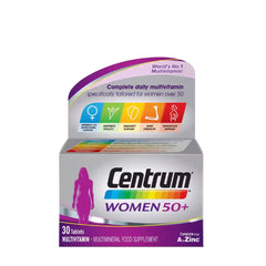 Centrum Women 50+ multivitamin box, tailored for women's health and vitality over 50, offering essential nutrients.