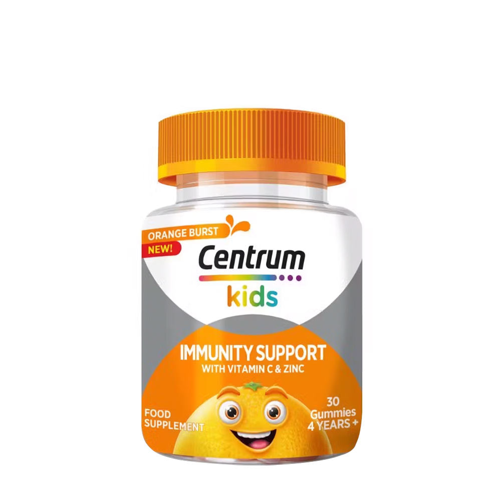 Centrum Kids Gummies for immune support, vitamin C & zinc, orange flavor, 30 gummies, for ages 4 and up.