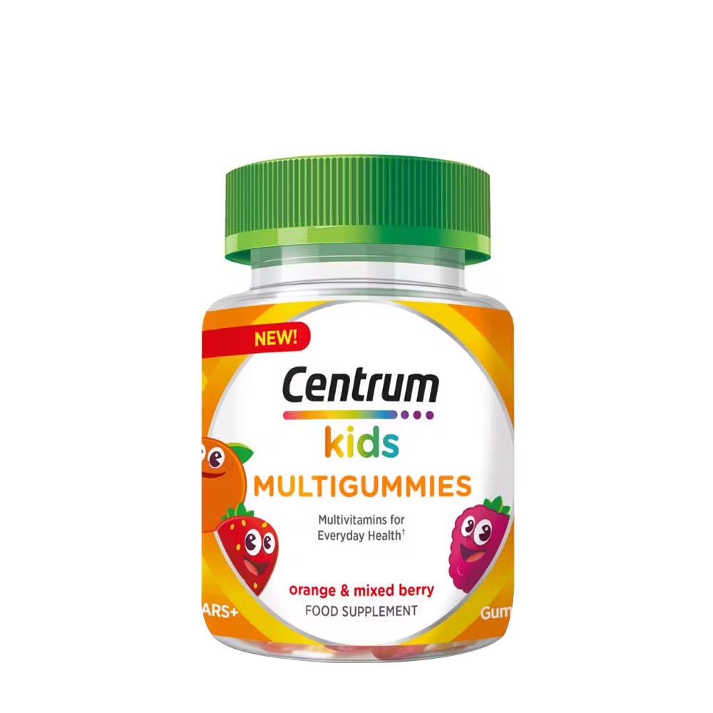 Centrum Kids Multigummies bottle with orange and mixed berry flavors for children's health support.
