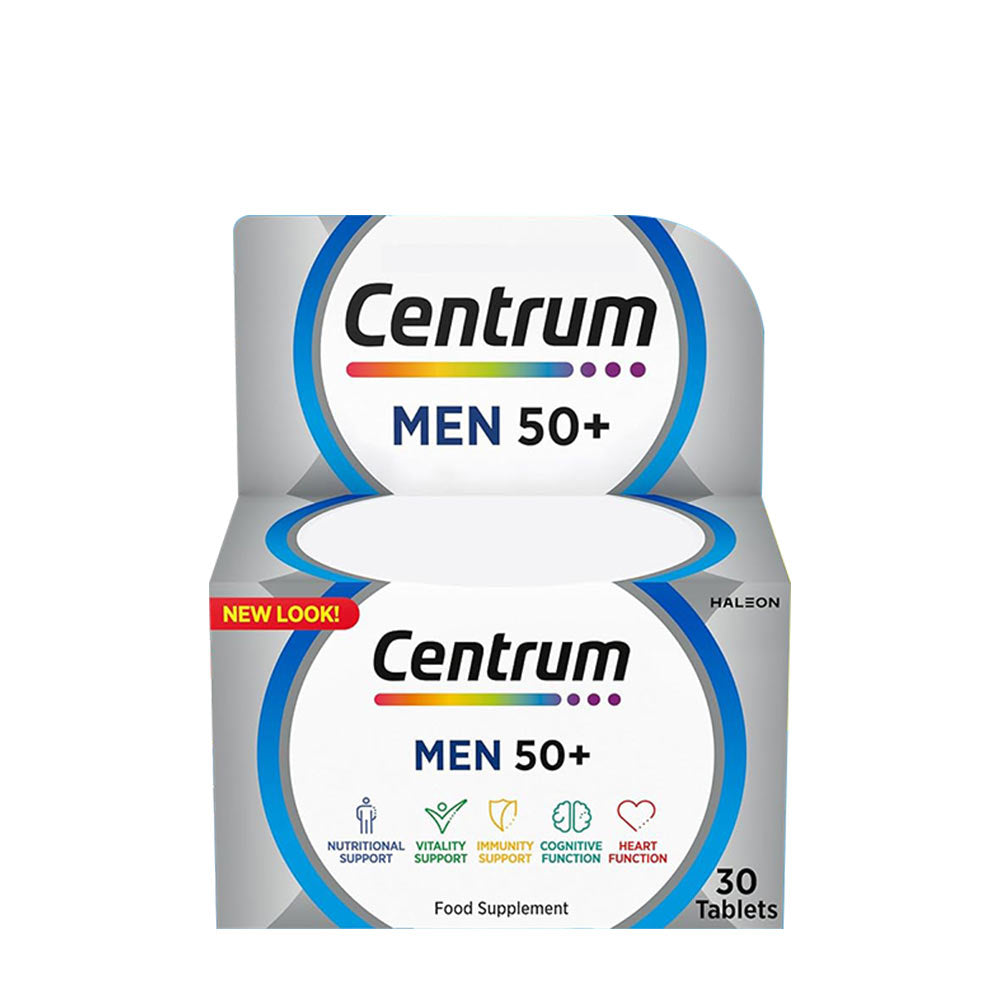 Centrum Men 50+ multivitamin box, providing nutritional support and promoting heart health for men over 50, 30 tablets.